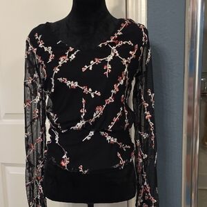 Chic Black Floral Mesh Blouse